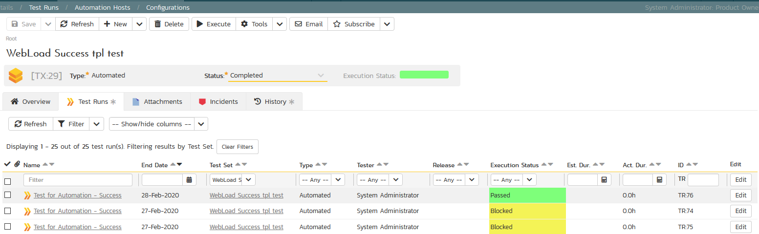 WebLoad test runs in SpiraTest