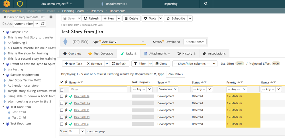 Requirement with Tasks in SpiraPlan