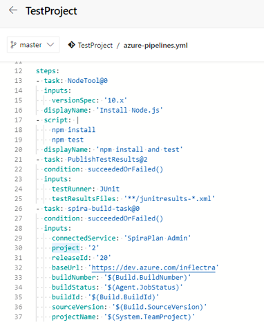 Azure DevOps Pipeline YAML configuration with Spira