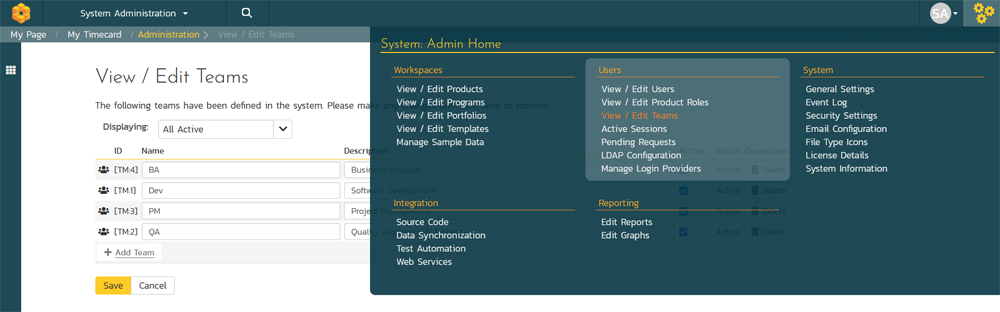 Teams administration menu entry in SpiraPlan