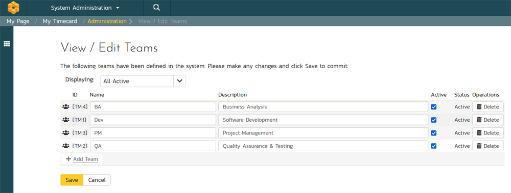 Teams administrative screen in Spira