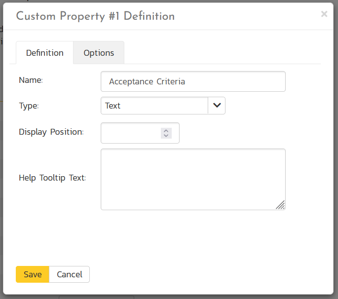 requirements custom property dialog box