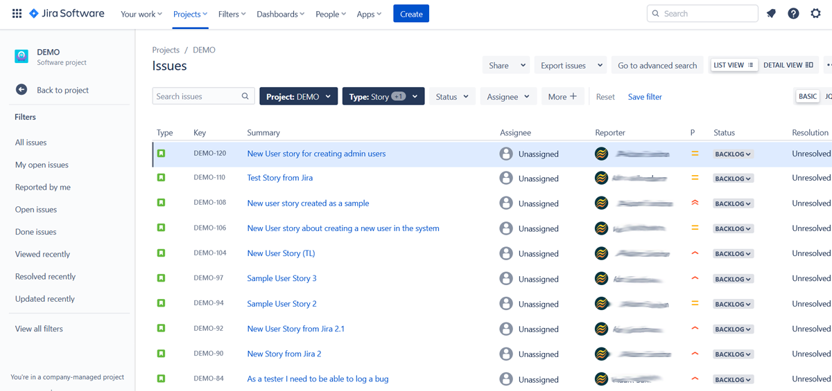 Jira requirements list