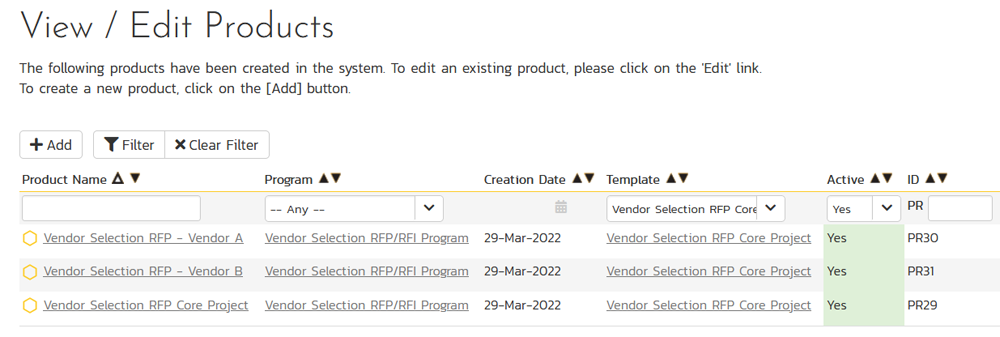 Grid of SpiraPlan projects for vendor selection, with template name