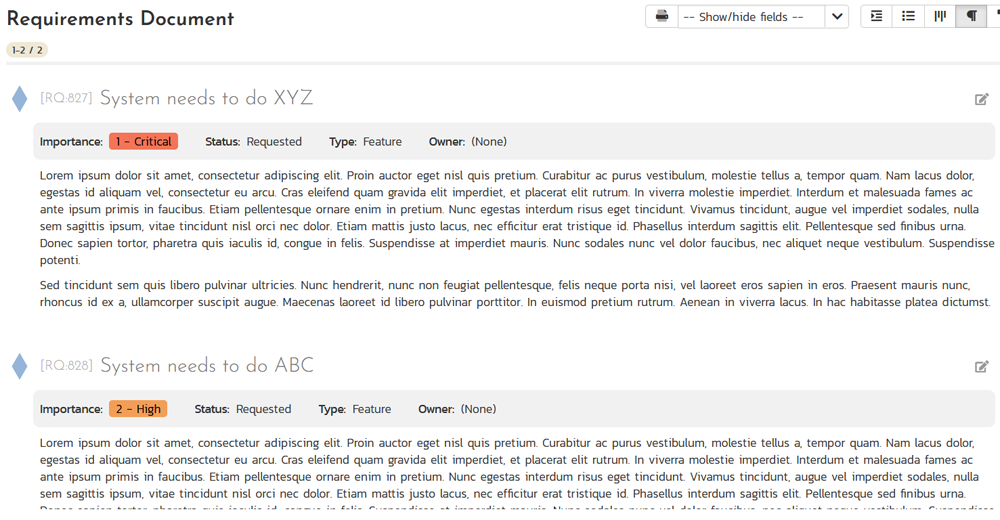 List of RFP requirements with priority.