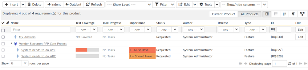 List of requirements with vendor answers