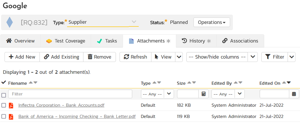 Linking suppliers to attachments / documents