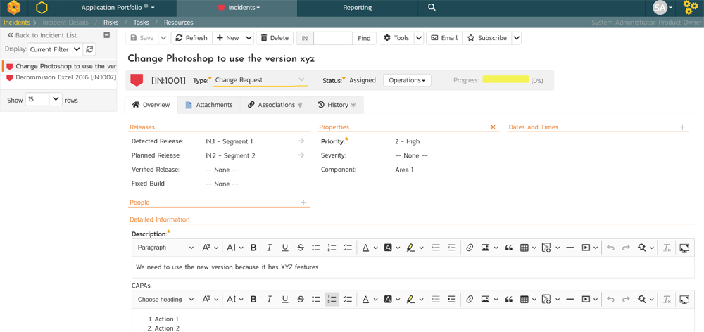 Change request in application portfolio