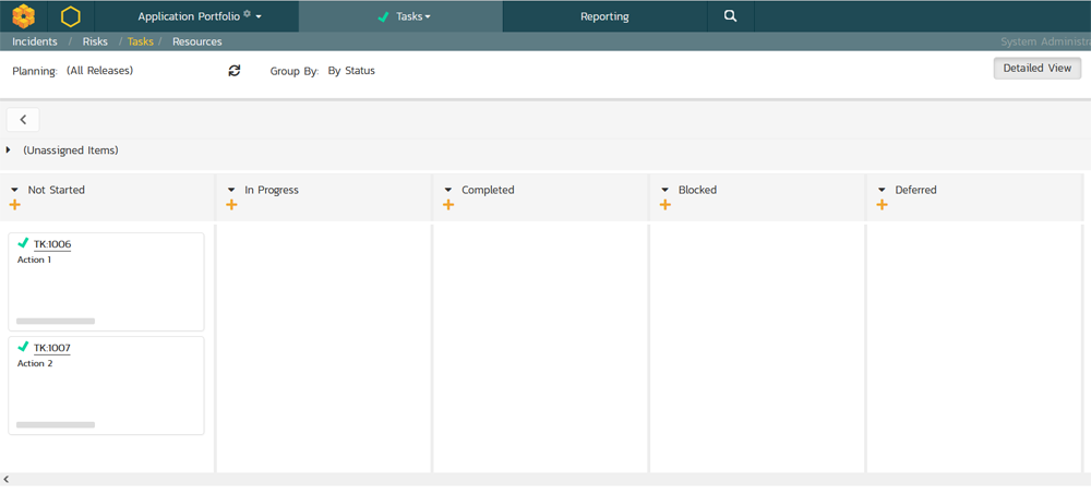 Task board showing application portfolio tasks