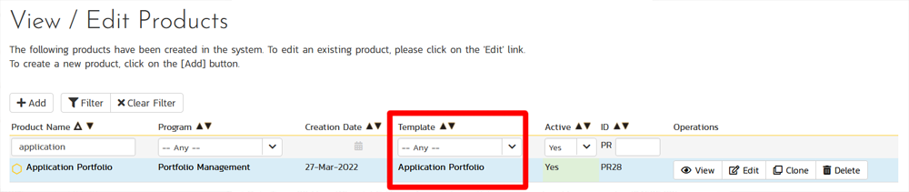 Product list view showing the template