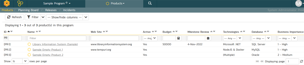 List of products displayed for a program with different fields visible