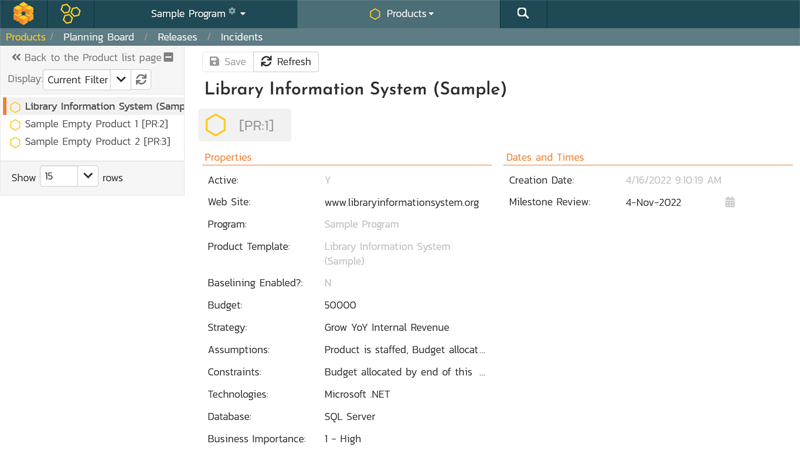 Details page for a product in a program, with custom fields visible.