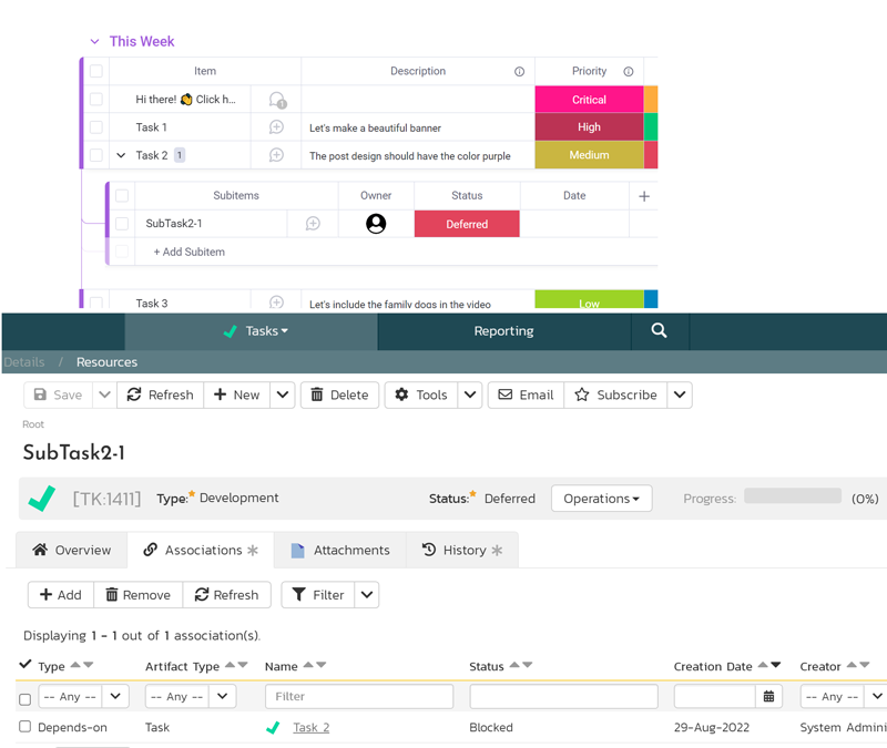 Screenshot of a task in Monday and Spira