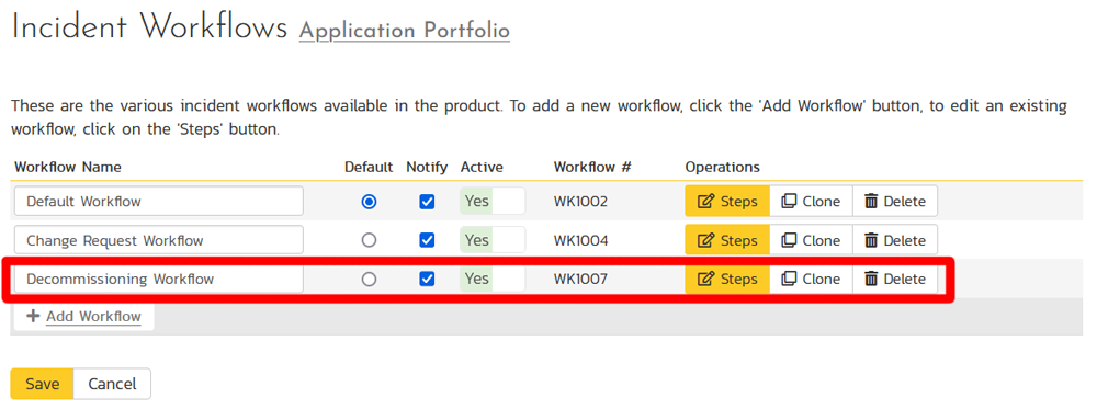 List of workflows showing decommissioning flow