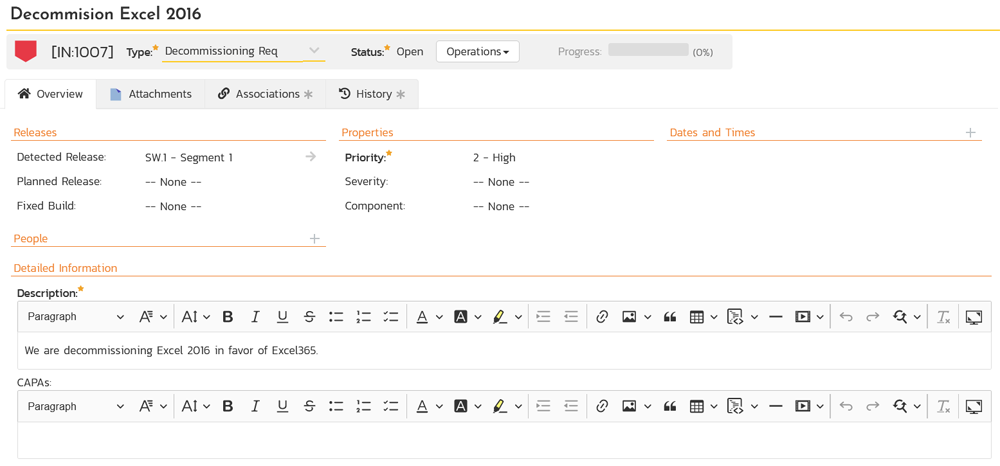 A sample decommissioning request