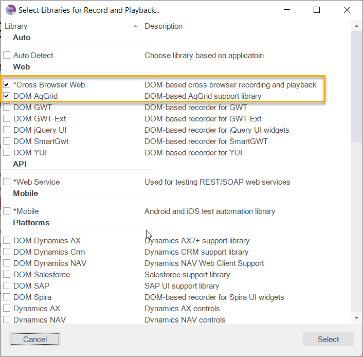 Rapise library selector - AG Grid