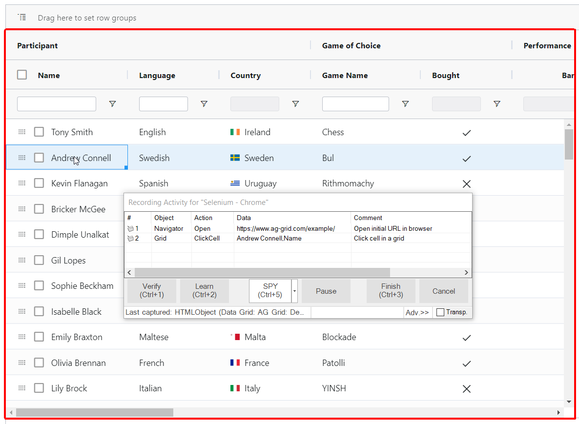 Recording AG Grid Actions