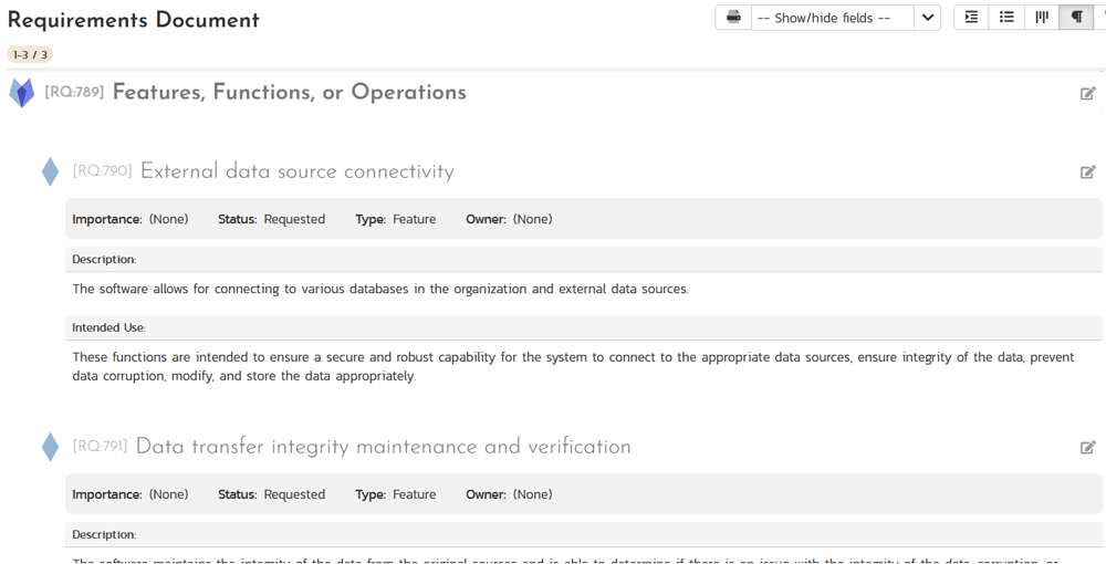 Requirement description with intended use