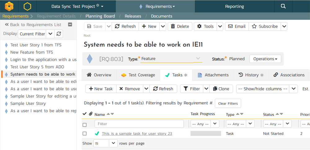 Requirement with tasks imported from ADO to SpiraTeam