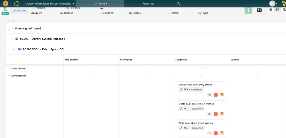 Task board showing releases, type and status