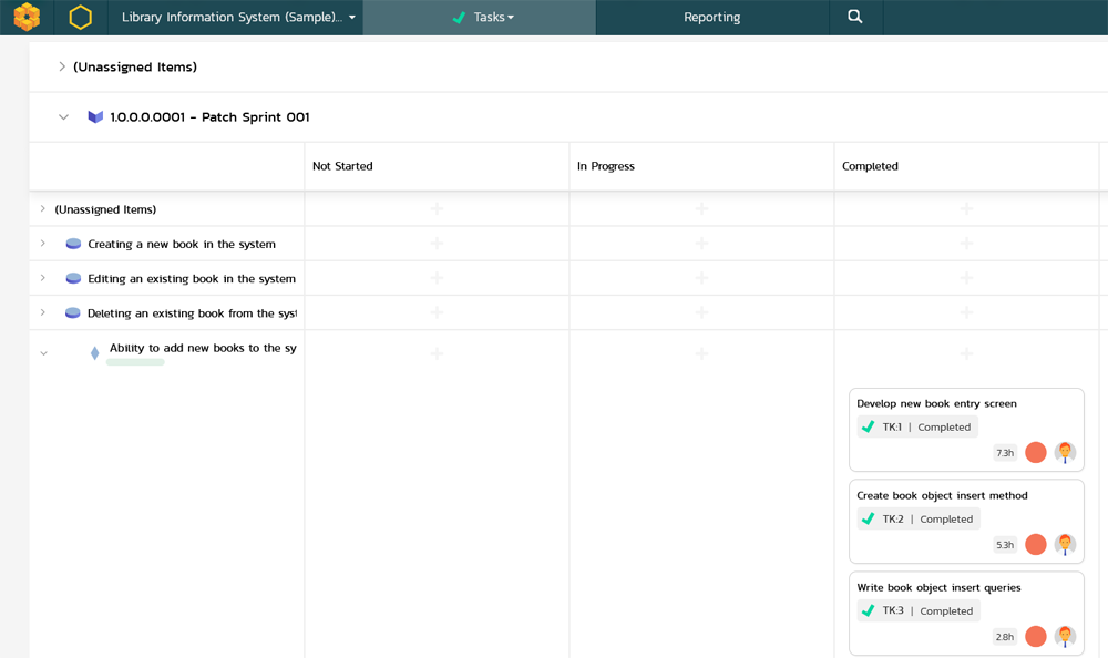 Task board showing tasks by requirement and status in a sprint