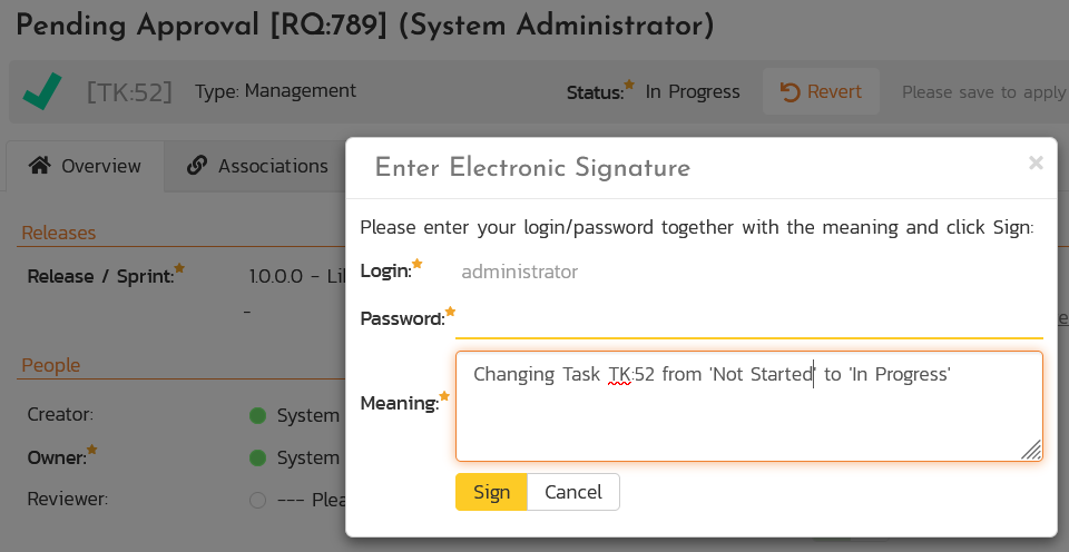 The task electronic signature page