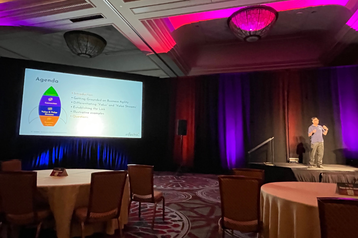 inflectra-agile-evangelist-doctor-sriram-rajagopalan-presenting-boosting-business-agility-with-value-stream-scaled-agile-strategies-at-agile-devops-west-in-las-vegas-image