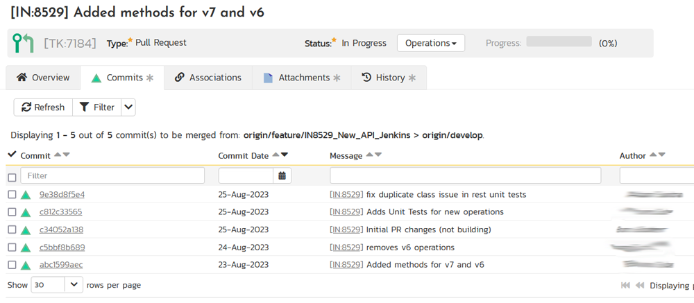 The pull request in Spira with the list of associated code commits