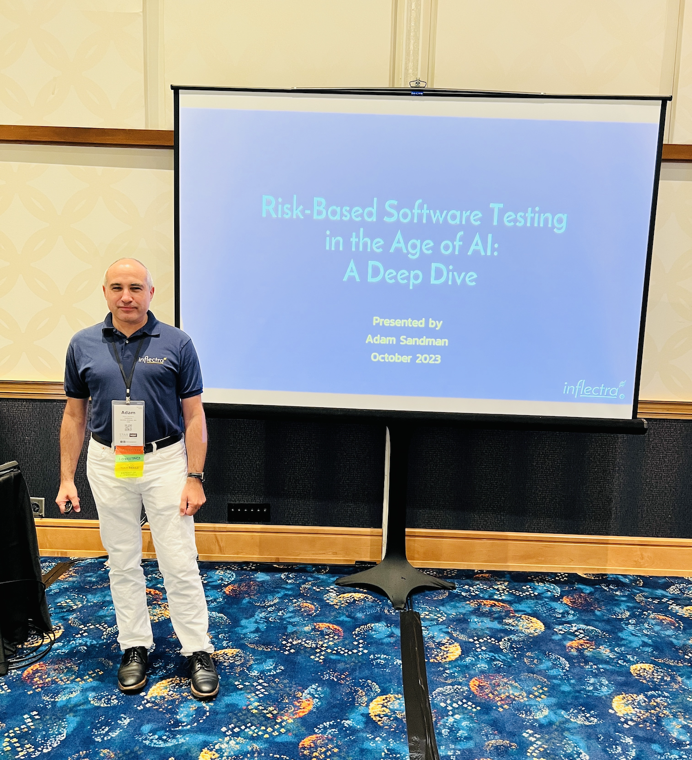 Adam Sandman presenting Risk-based software testing talk at Starwest 2023