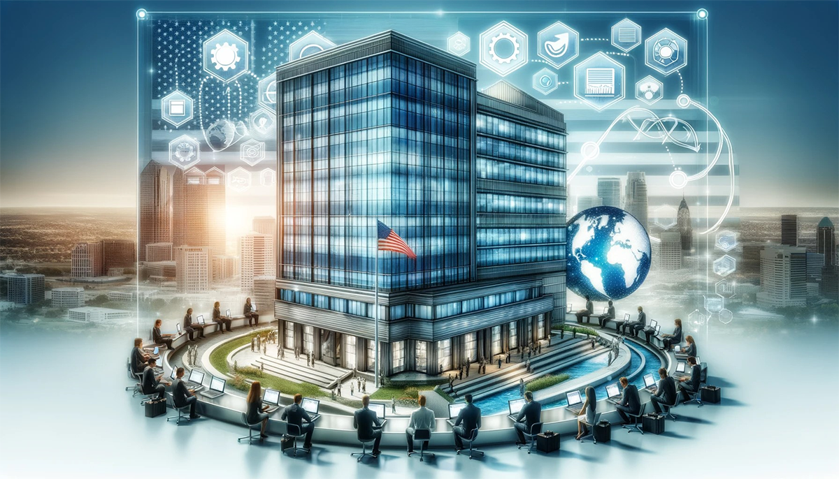 Inflectra stylized as an office building surrounded by people.