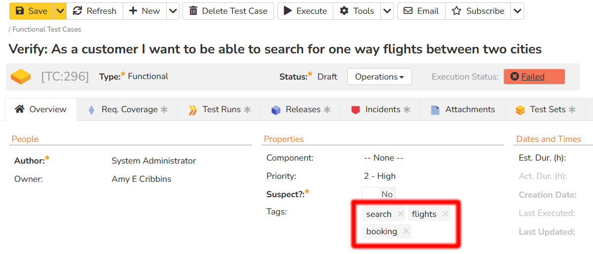 Test case details with tags