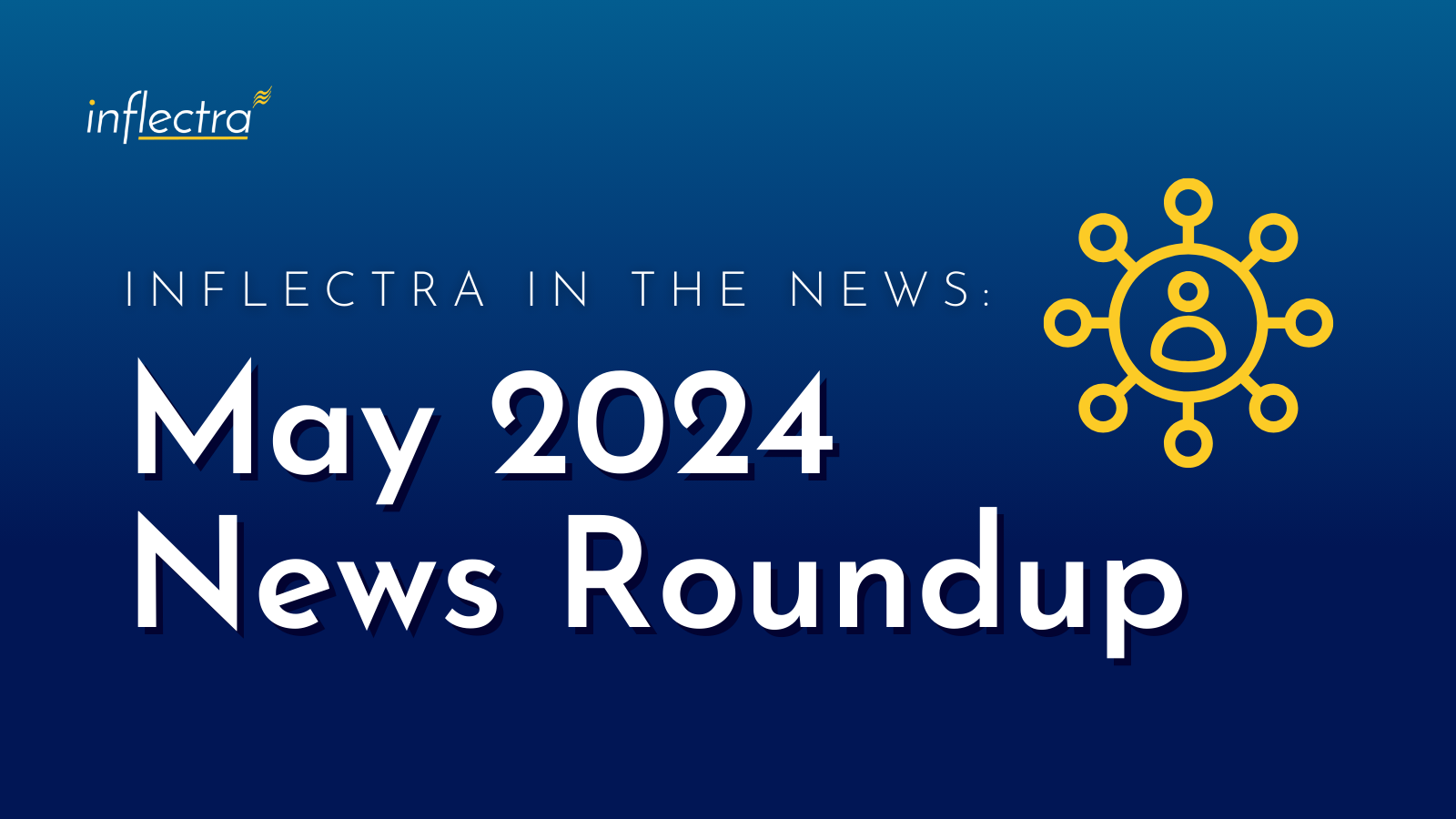 "Inflectra in the News: May 2024 News Roundup" on a dark blue background. The word "Inflectra" and an icon of a person surrounded by a network are in gold.