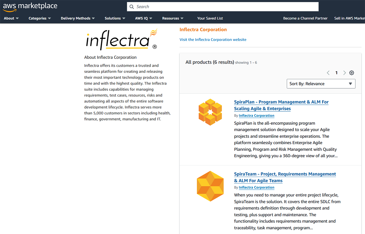 AWS Marketplace - Inflectra Page