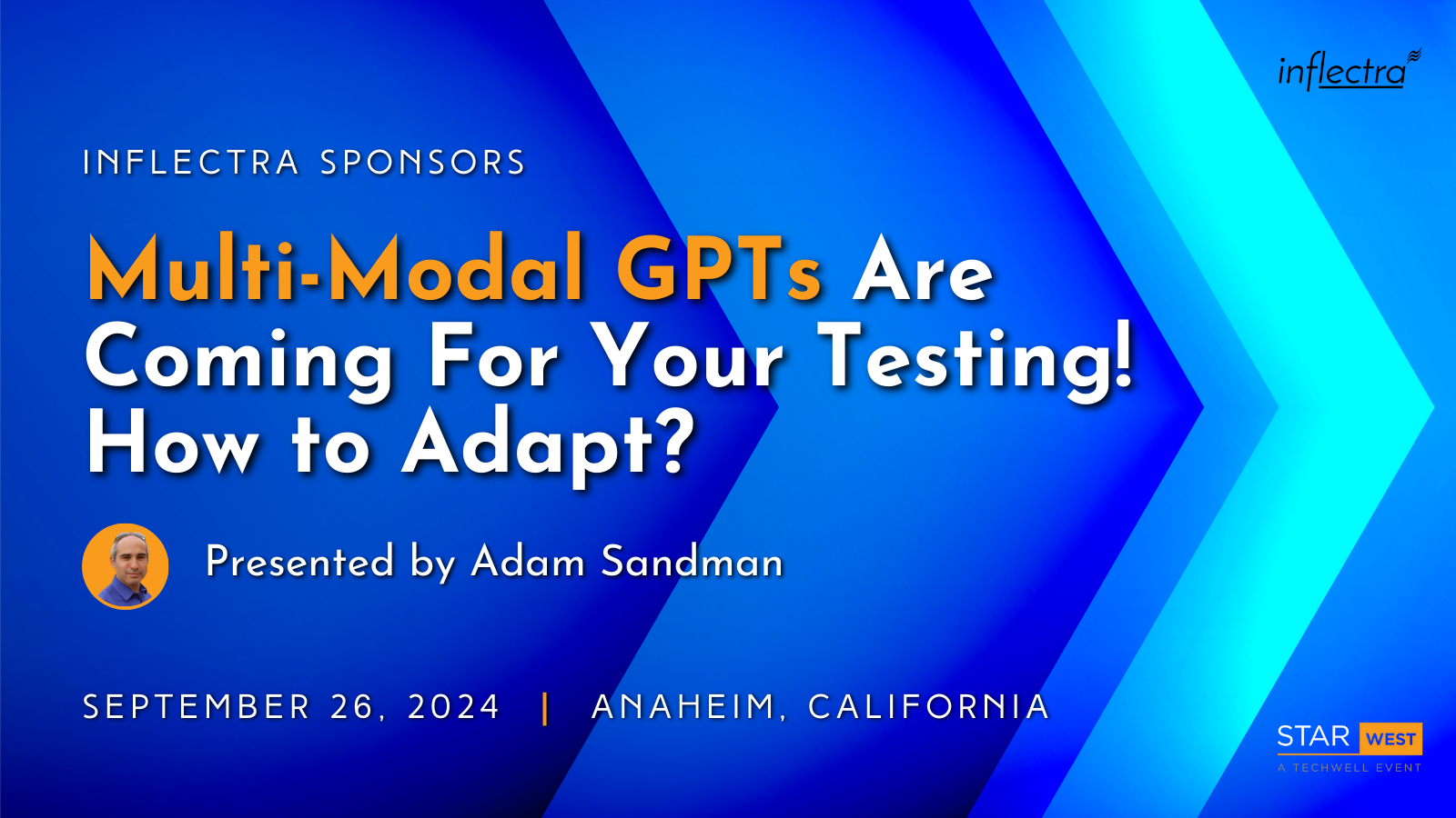 A blue banner with the Inflectra logo advertises a presentation titled "Multi-Modal GPTs Are Coming For Your Testing! How to Adapt?" presented by Adam Sandman on September 26, 2024, in Anaheim, California at the STARWEST conference. 