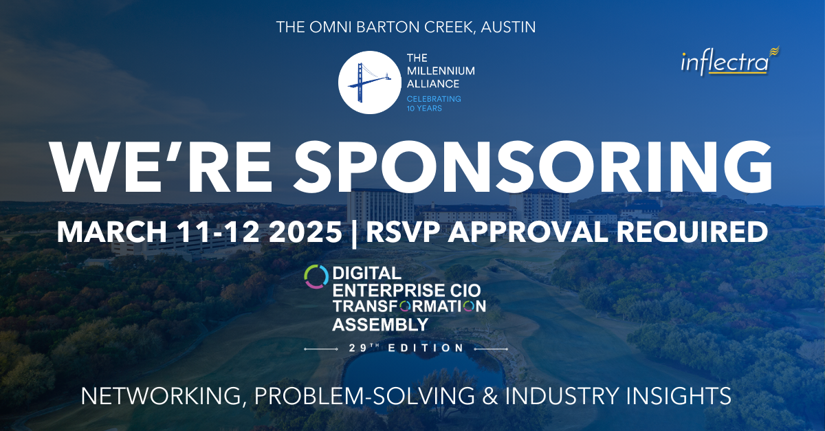 Graphic announcing Inflectra's sponsorship of the Digital Enterprise CIO Transformation Assembly, taking place at the Omni Barton Creek in Austin, Texas on March 11-12.