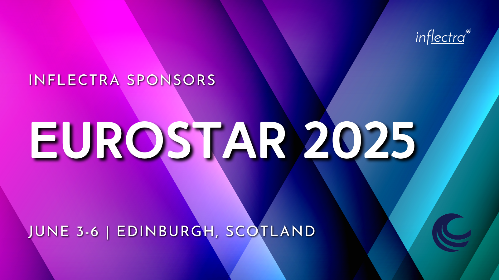 A graphic advertisement for Eurostar 2025, held in Edinburgh from June 3-6, featuring the Inflectra logo and a vibrant, geometric design in shades of purple, pink, and teal.