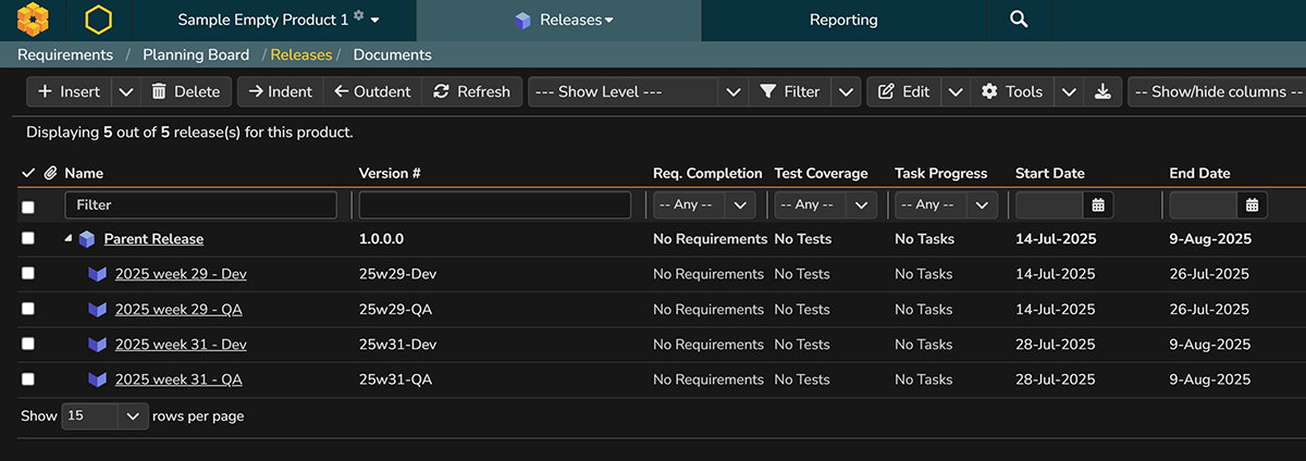 Viewing the created sprints