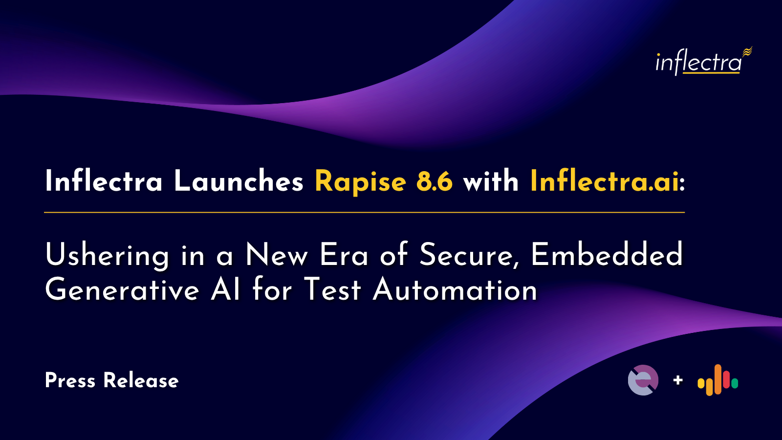 An eye-catching banner with a dark purple and black background featuring sweeping purple and magenta light flares. The text on the banner announces: "Inflectra Launches Rapise 8.6 with Inflectra.ai: Ushering in a New Era of Secure, Embedded Generative AI for Test Automation." The Inflectra logo is in the top right corner. The words "Press Release" appear near the bottom left, and a small icon cluster is in the bottom right corner.