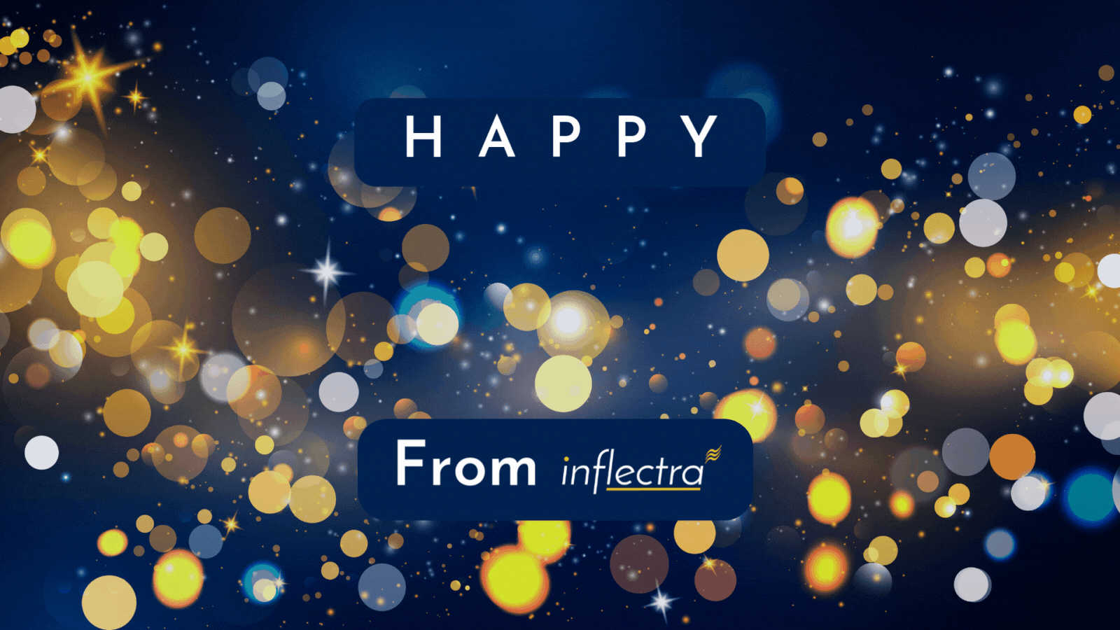 A festive holiday graphic with a dark navy blue background filled with golden and white bokeh light effects, resembling twinkling stars or glowing ornaments. In the center, two dark blue rounded rectangles contain the text "HAPPY Holidays!" in a white, elegant script font and "From inflectra" in a clean, white sans-serif font.