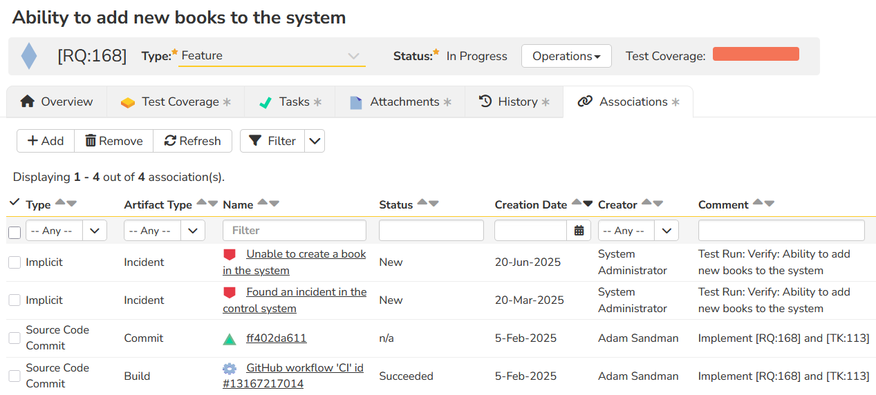 Requirements linked to code commits and builds