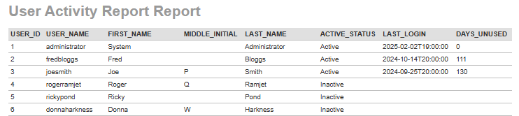 User Activity Report Output