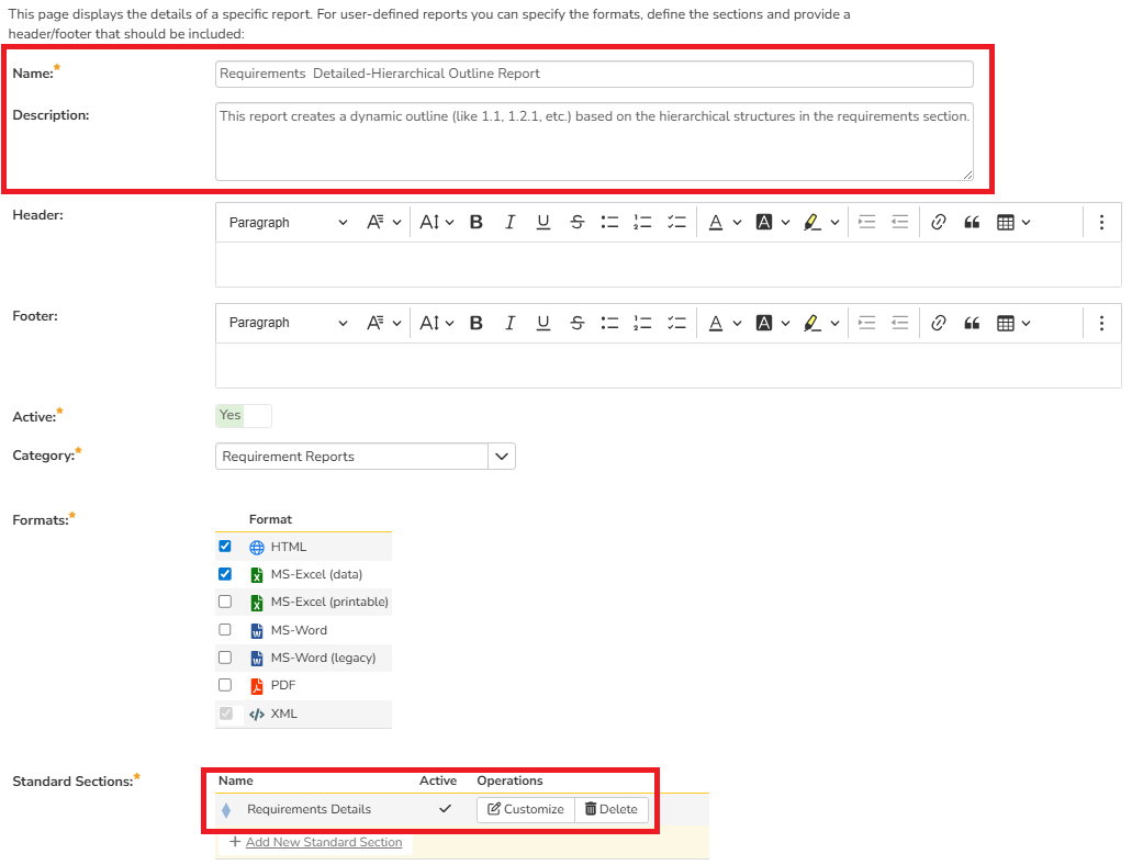 Outline Report Setup