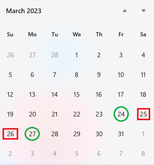 March 2023 Weekend and Holidays